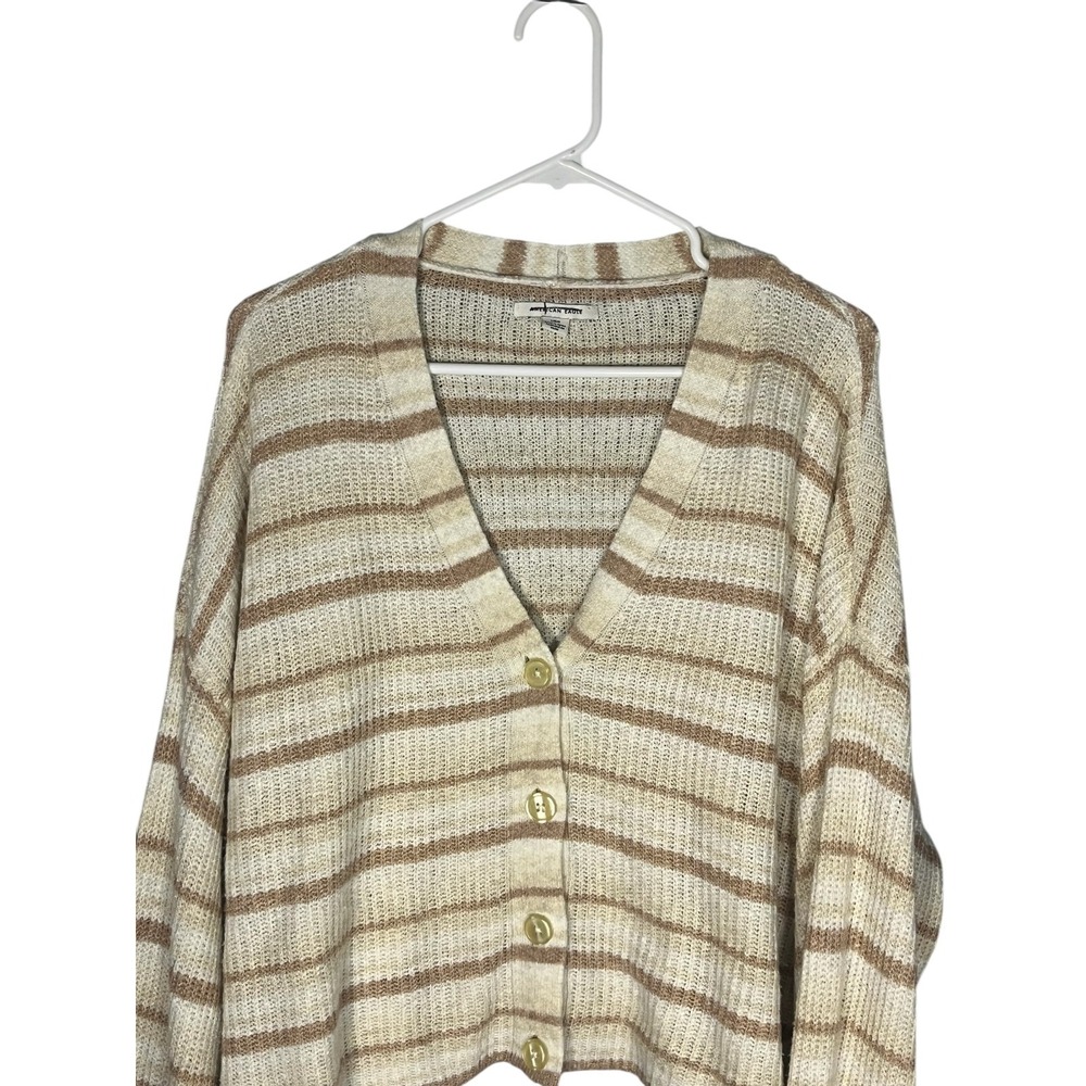 American Eagle Women's Cardigan Sweater Lightweight Large Tan/Ivory Striped - Picture 4 of 5